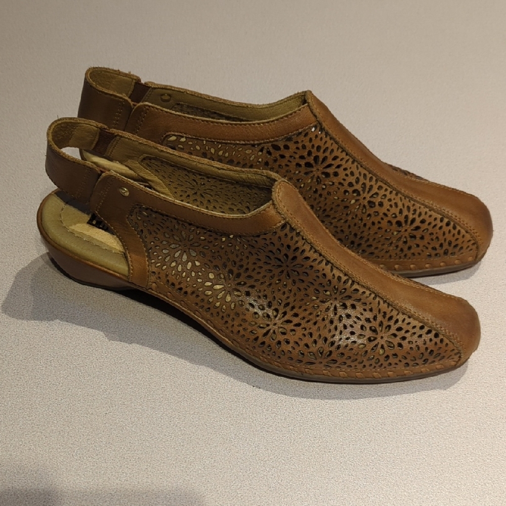 PIKOLINOS Brown Leather Mules with Perforated Design Women's Size 7.5